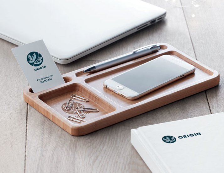 Wireless Bamboo Desk Charger Logo